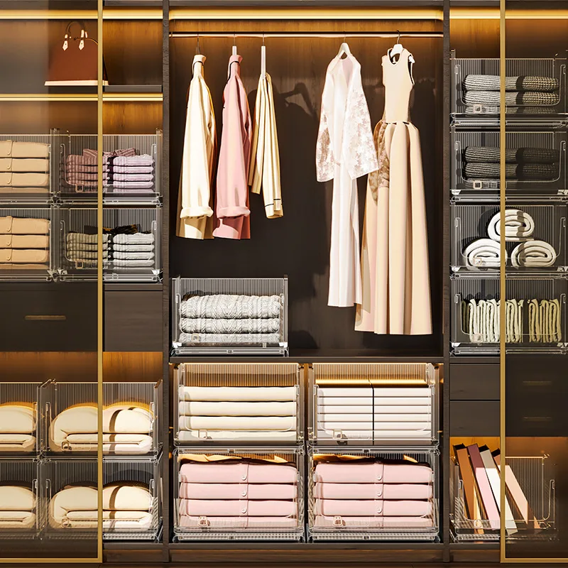 Foldable Plastic Drawer Organizer Box Transparent Closet Shelf Divider Pull-Out Access Small Medium Large Wardrobe Clothing