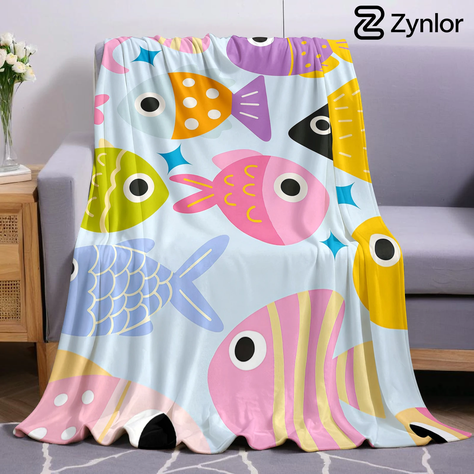 Cartoon Fish Cartoon Anime Print Flannel Blanket Soft Warm Throw for Kids Bedroom Sofa Bed Christmas Office Car