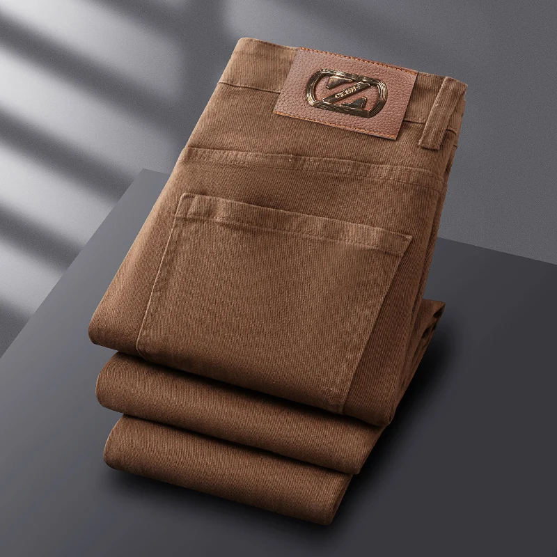 Autumn Men Slim Stretch Jeans Solid Color Coffee Dark Grey Cotton Fabric Denim Trousers High End Simple Casual Male Long Pants