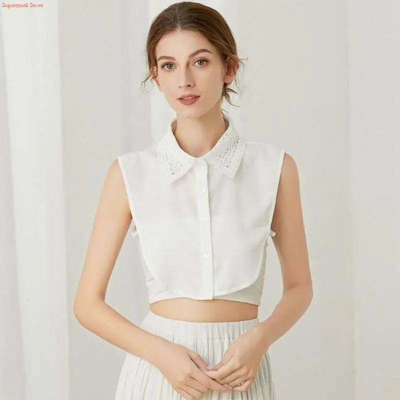 Q5WE Women Layering False Collar Detachable Dickey Hollow Out Circle Lapel Half Shirt