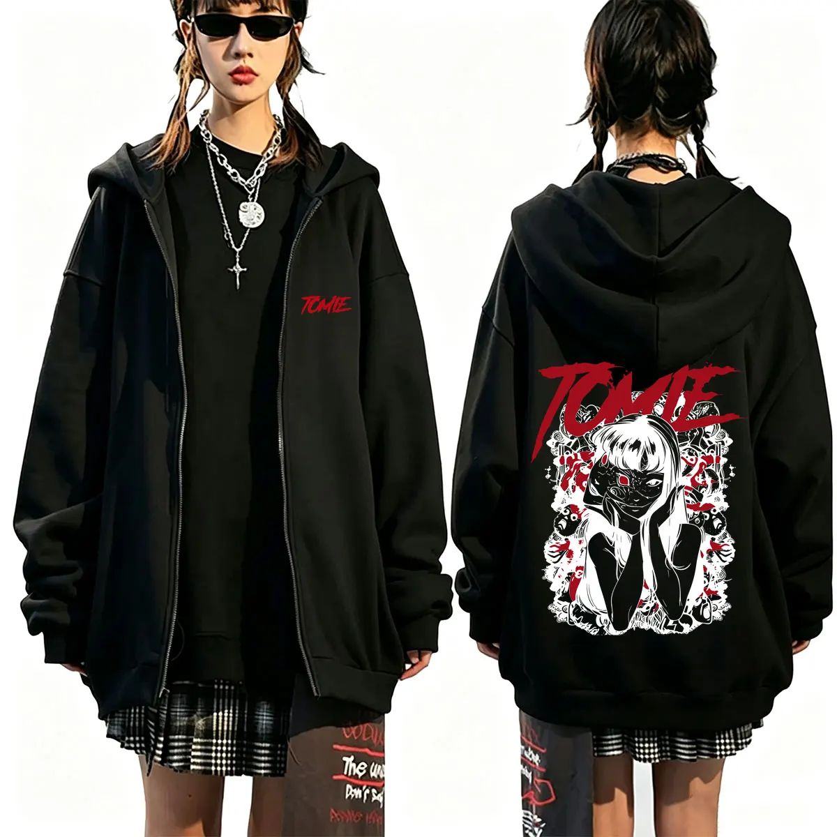 Japanischer Anime Tomie Junji Ito Reißverschluss-Hoodie für Männer und Frauen Vintage Manga Horror Zip-Up-Jacke Unisex Casual Fleece Zip-Up-Sweatshirt – Detail 3