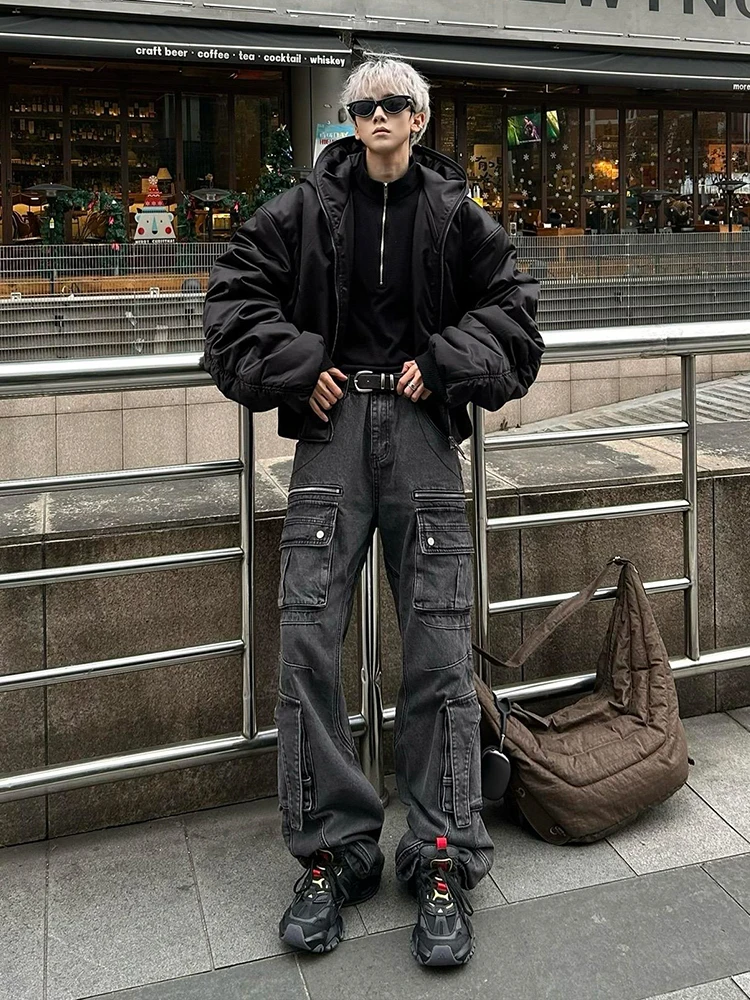 

American High Street Style Workwear Jeans Men's Straight Leg Micro Flared Pants Multi-Pocket CleanFit Design Youth Trend