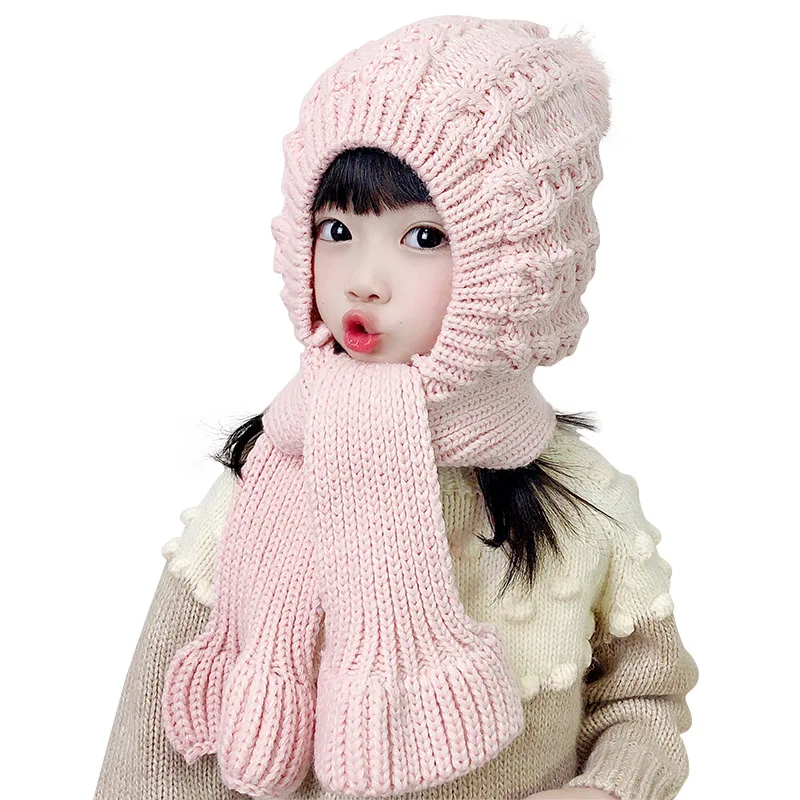 

Doitbest Baby Girl Beanie Protect Neck One Piece Windproof Winter Child Solid Knitted Hat Warm Acrylic Kids Boys Earflap Caps