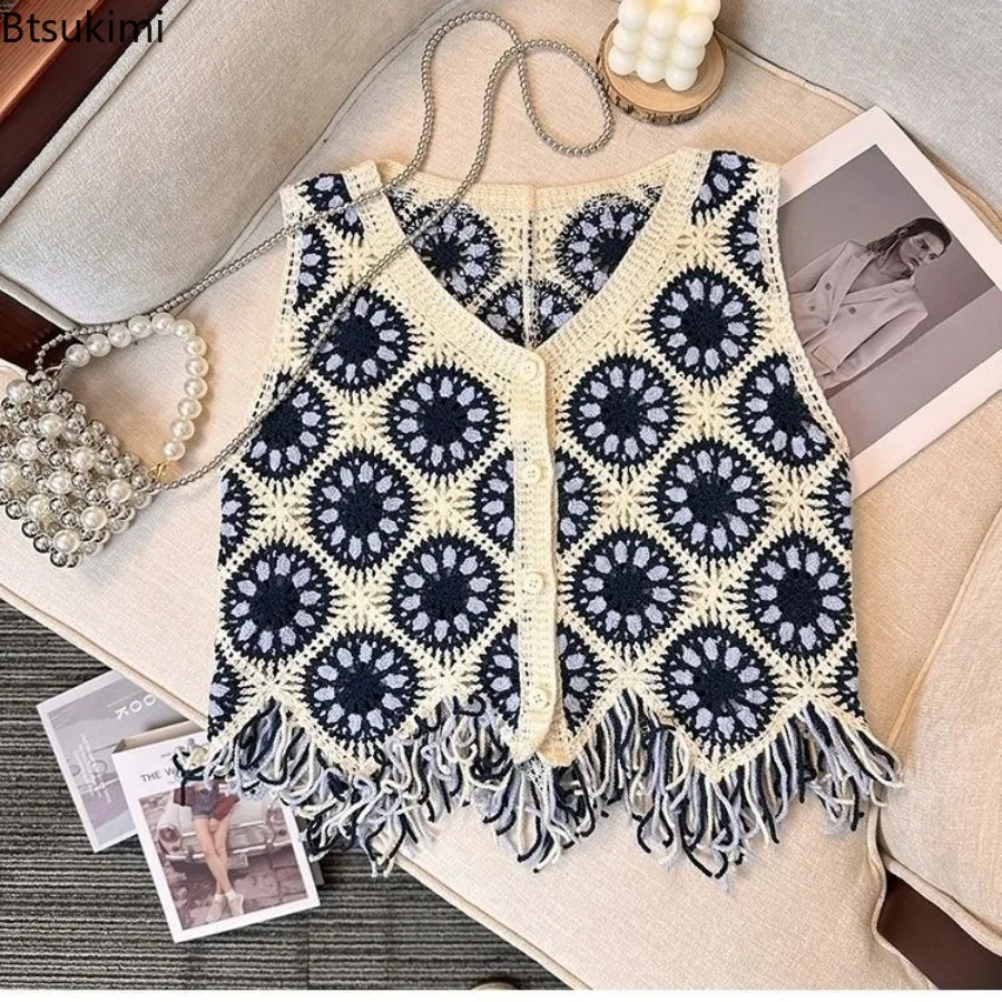 Women Bohemian Crochet Vest Sleeveless Open Front Geometric Pattern Fringe Waistcoat Hollow Out Summer Beach Vacation Outerwear