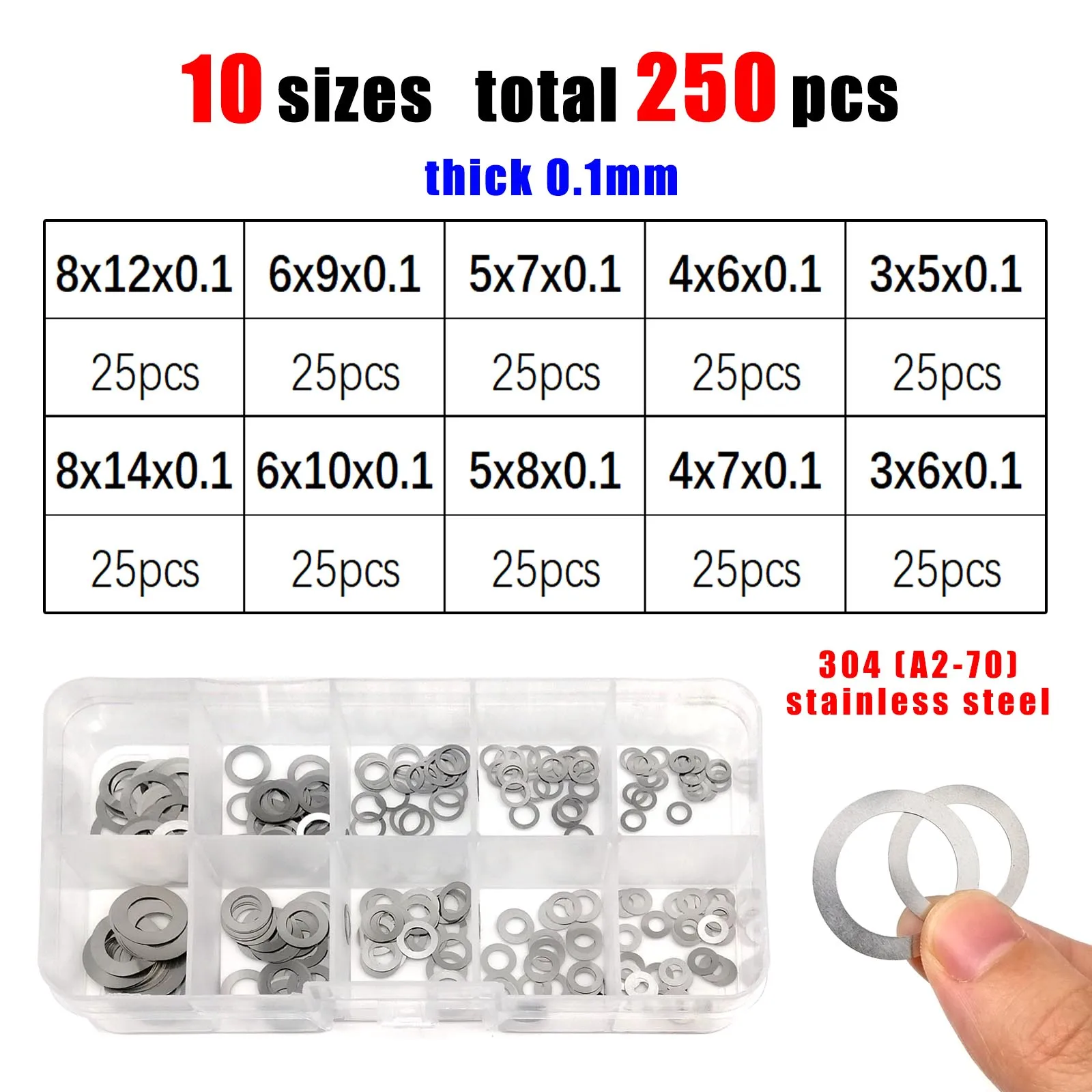 1 Box ultradünne, verstellbare Unterlegscheiben, verschiedene Größen: 0,1 mm, 0,2 mm, 0,3 mm, M3 bis M20, ultradünnes Flachdichtungsset, Edelstahl 304 – Detail 3