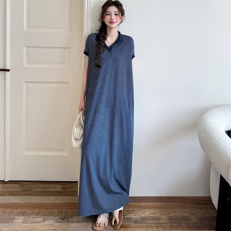 YZJNH 2026 summer long dress women's small lapel contrasting short sleeved dress casual loose fine stripe plus size dress women