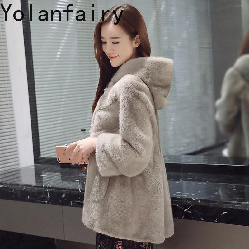 YOLANFAIRY 여성용 리얼 퍼 코트 겨울 2025 럭셔리 천연 전체 밍크 퍼 코트 후드 포함 여성 퍼 재킷 카사코 페미니노