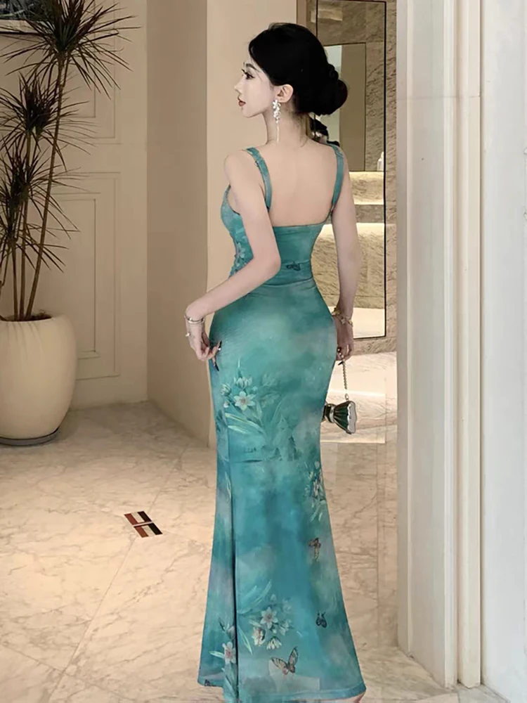 RORORIRI Y2k vestido sin mangas con estampado de mariposa y cuello vuelto para mujer, vestido largo plisado ajustado con espalda descubierta, vestido largo de sirena, ropa Retro elegante