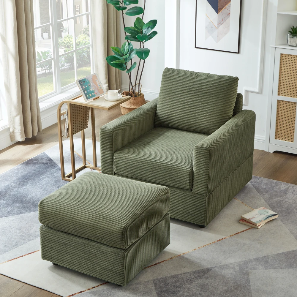 

Classic Corduroy Chaise Lounge, Comfy Sofa Chaise Couch Chair, Upholstered Accent Chair with Ottoman for Living Room - Green