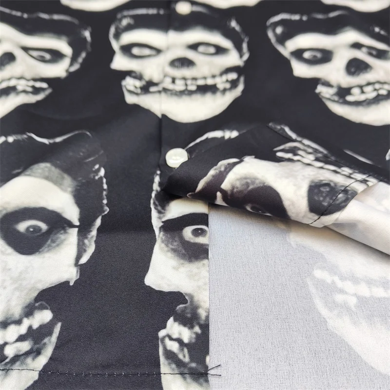 WACKO MARIA Black Print Full Cover Vintage Skull Hawaiian Short Sleeve Shirt Men's Women's Summer Casual Loose Shirt
