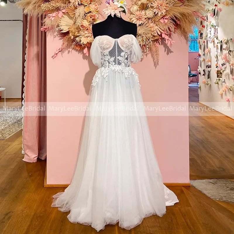Illusion Dot Tulle Corset Bodice Wedding Gown Draped Sleeves Floral Appliqués Boho Bridal Dress Civil Wedding Dresses Customized