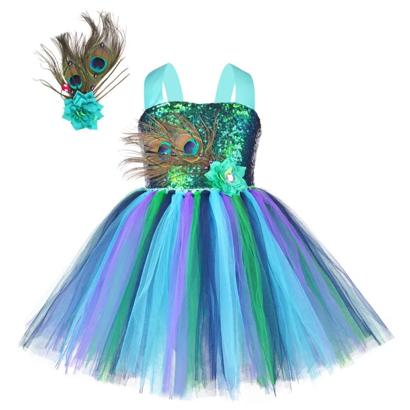 Girls Peacock Mesh Tutu Dress Sequin With Feather Headband For Kids Dance Holiday Birthday Stage Performance Halloween Fancy Set