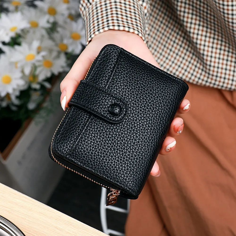 

Elegant Women Short Wallet Lychee Pattern Pu Leather Business Purse Zipper Solid Color Bank/ID/Credit Card Holder Shopping