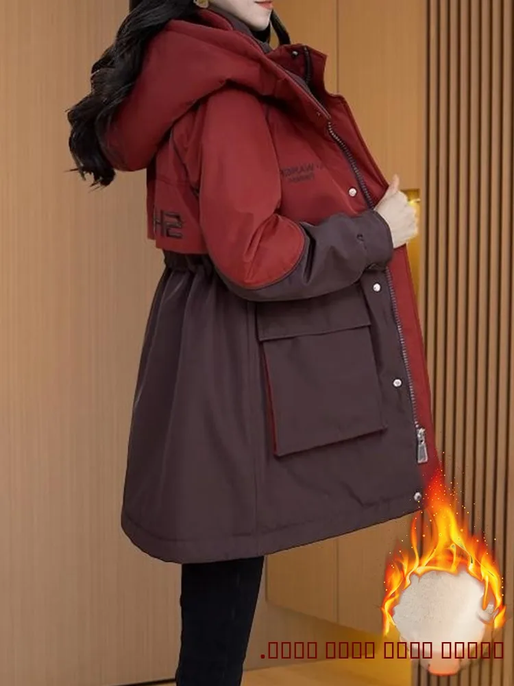 

Ele Faionable Winter Coat Slimming Midi Length Waist-Cinched Trendy Overcoat for Women Sli Commute Sle Embellied