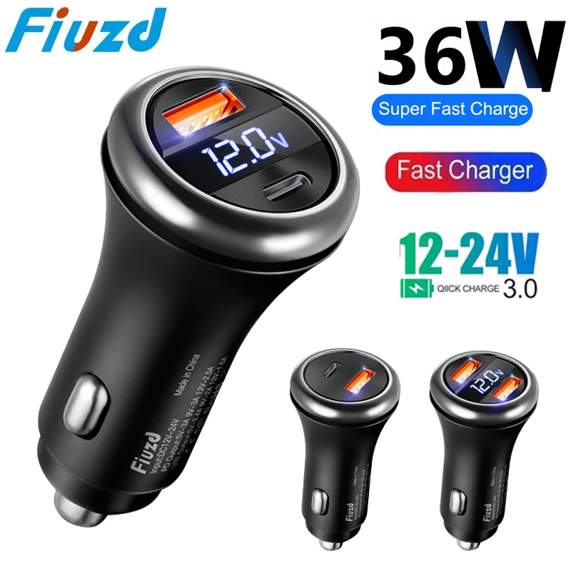 

Car Charger PD+USB QC3.0 38W Quick Charging Phone Charger 12-24V Cigarette Lighter Adapter with Led Voltmeter Display