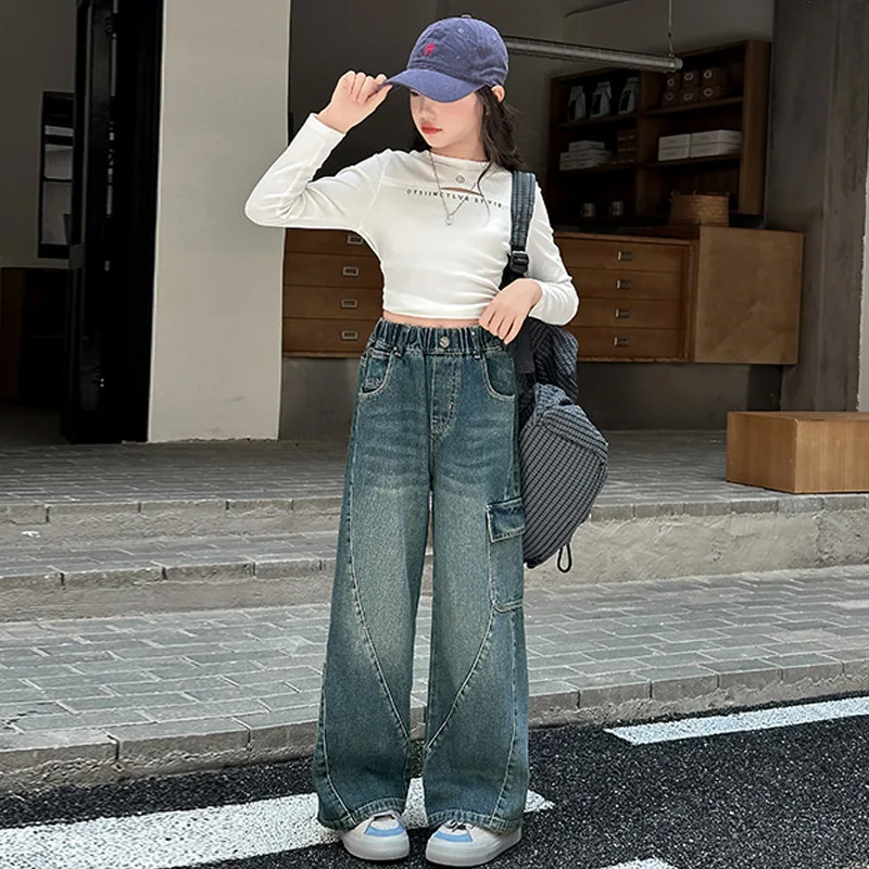 Girls Cargo Pants Jeans Casual Straight Loose Wide Leg Denim Pants Spring Autumn 2026Fashion New Teens Children's Loose Trousers