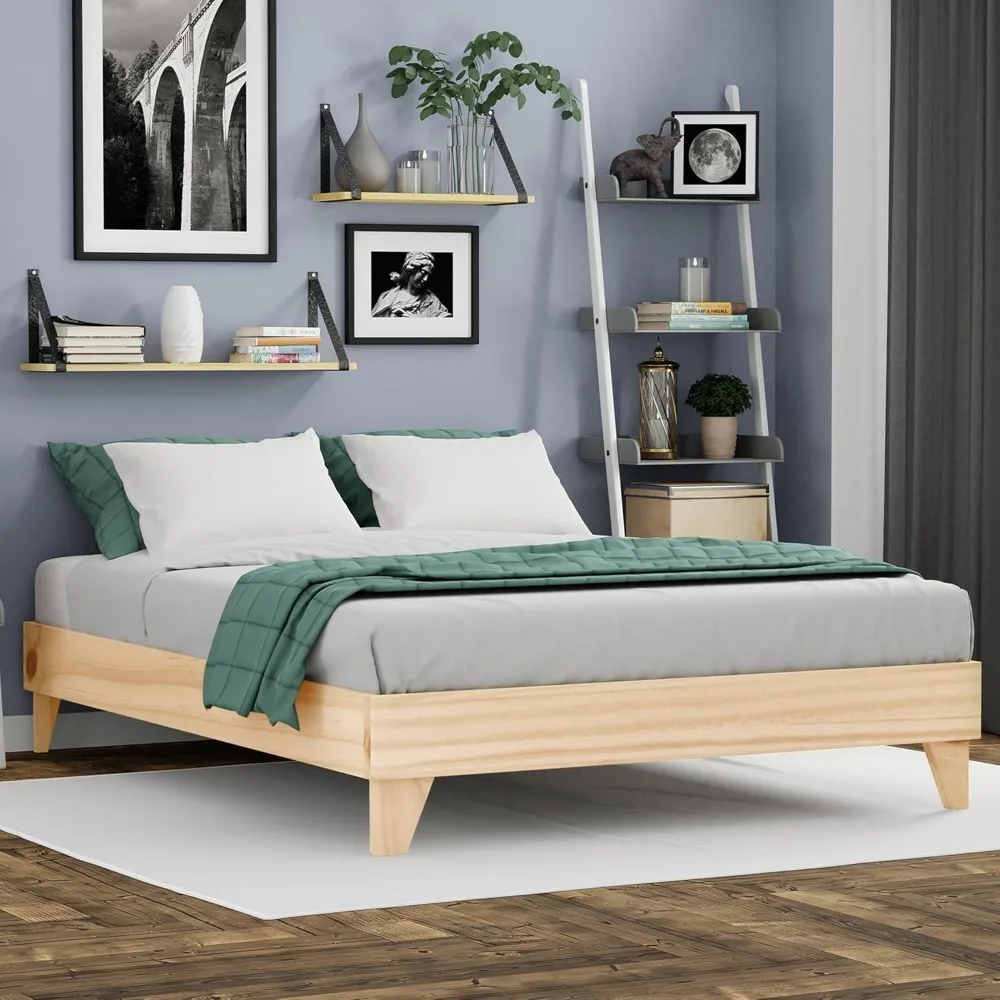 eLuxurySupply Wood Bed Frame - Made with 100% New Zealand Pine - Solid Mattress Platform Foundation Pressed Pine Slats - Easy As