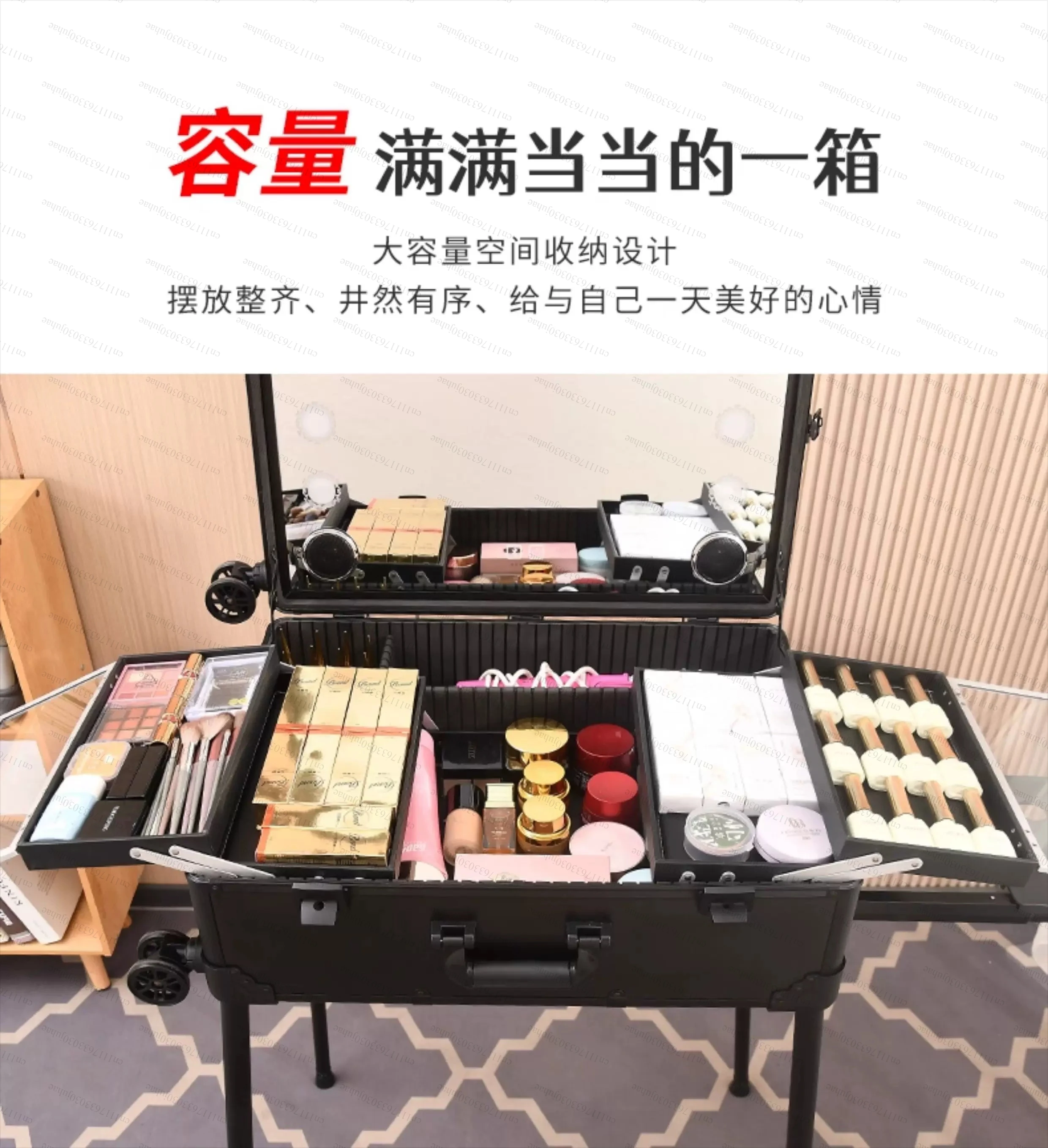Aluminum Alloy with Light Pull Rod Makeup Case Multifunctional Embroidered Beauty Bluetooth Pull Rod Case and Makeup Artist