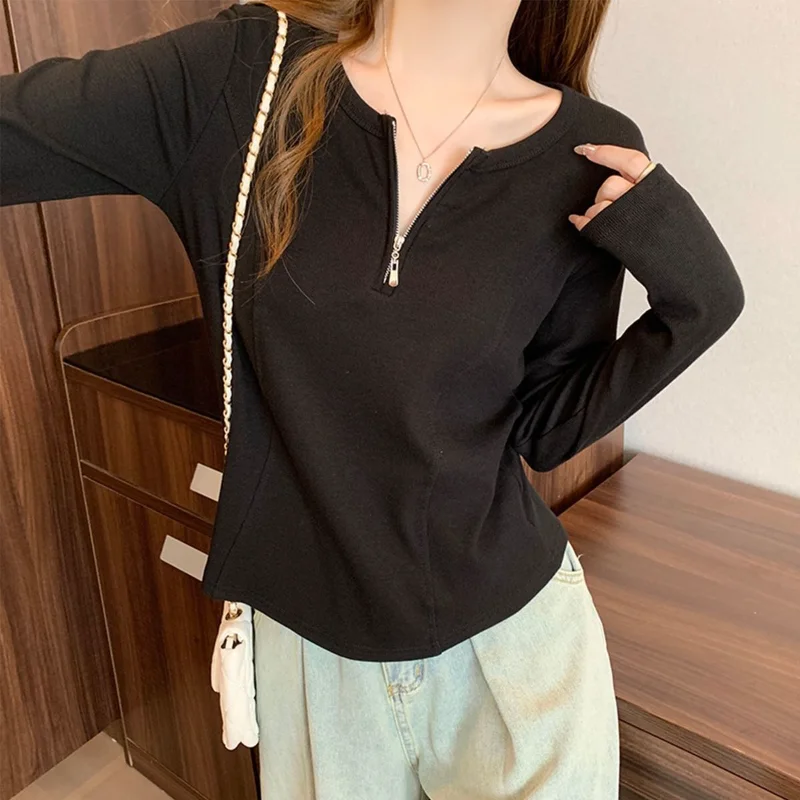 Half-zip Right Shoulder V-neck Long-sleeved T-shirt Women's Autumn and Winter Bottoming Fishbone Irregular Top