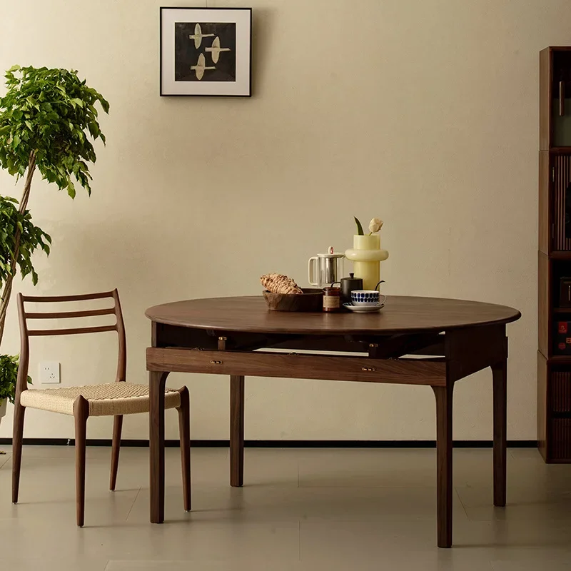 Solid wood folding dining table, black walnut small apartment, Nordic simple dining table for home use, retractable round table