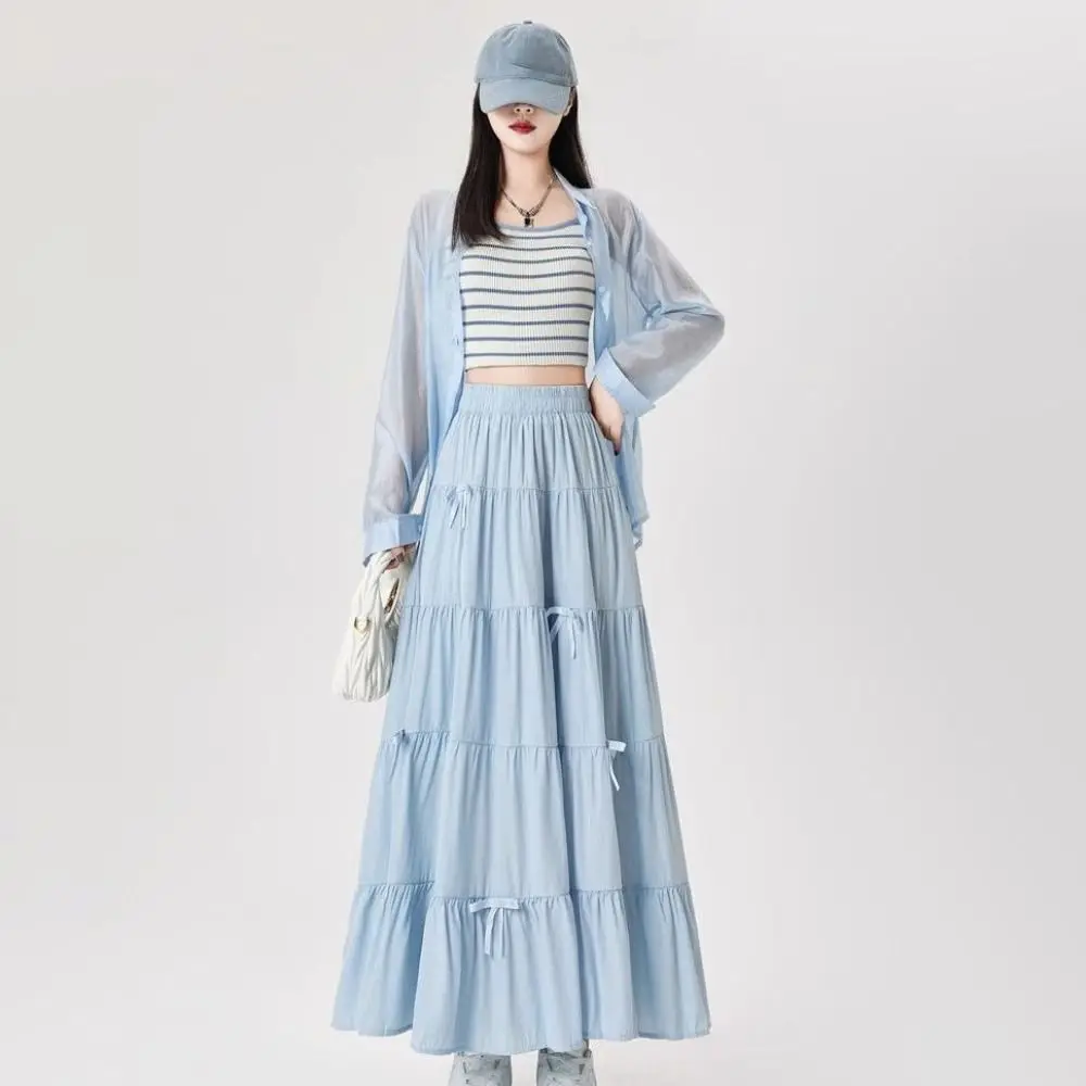 Bowknot Tiered Midi Skirt Hight Waist Solid Color Long Cake A-line Skirts Chic Pleated Seven Point Long Dress Solid Color