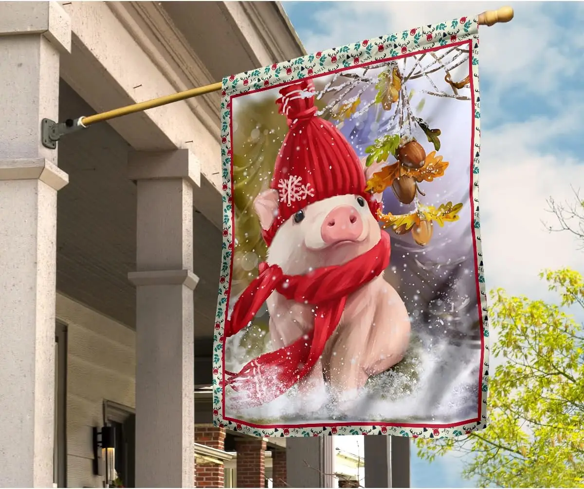 Cute Pig Wearing Beanie And Scarf Winter Christmas Art House Flag, Cute Pig Wearing Red Hat And Scarf On Snow Place Garden Flag,