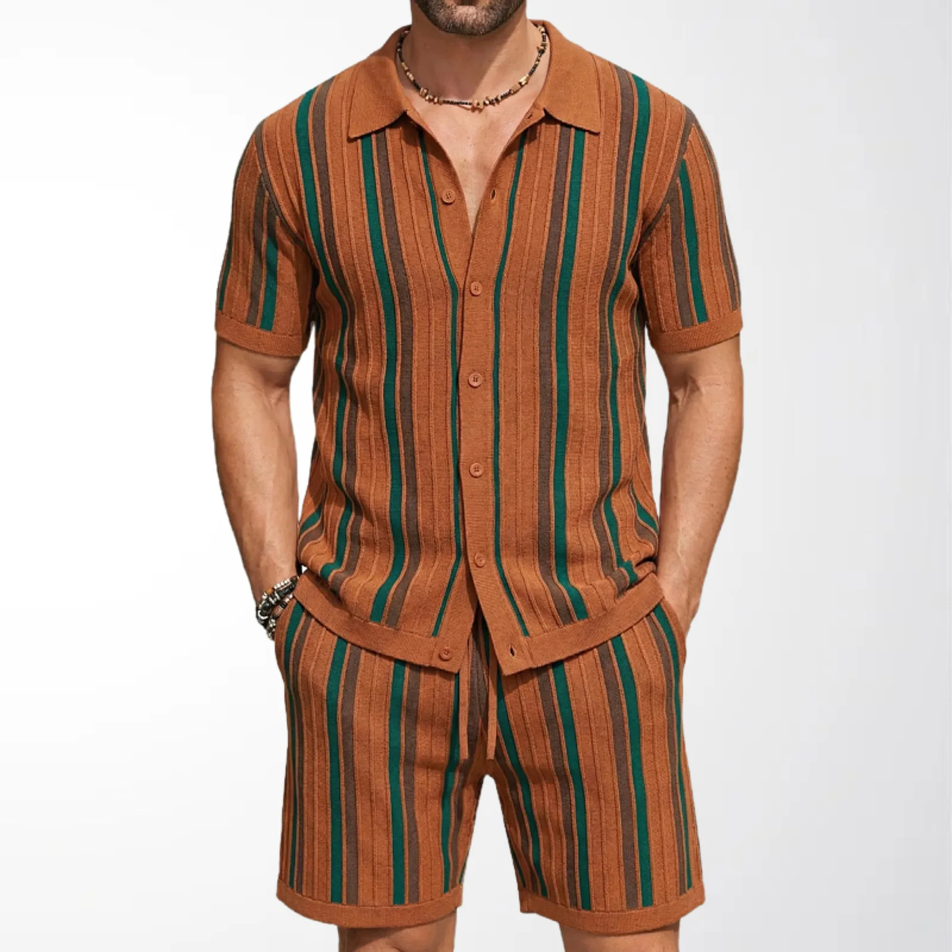 

Men's New Contrast Color Vertical Stripe Polo Shirt Shorts Two Piece Set Turn Down Collar Single Breasted Open Front Casual Set