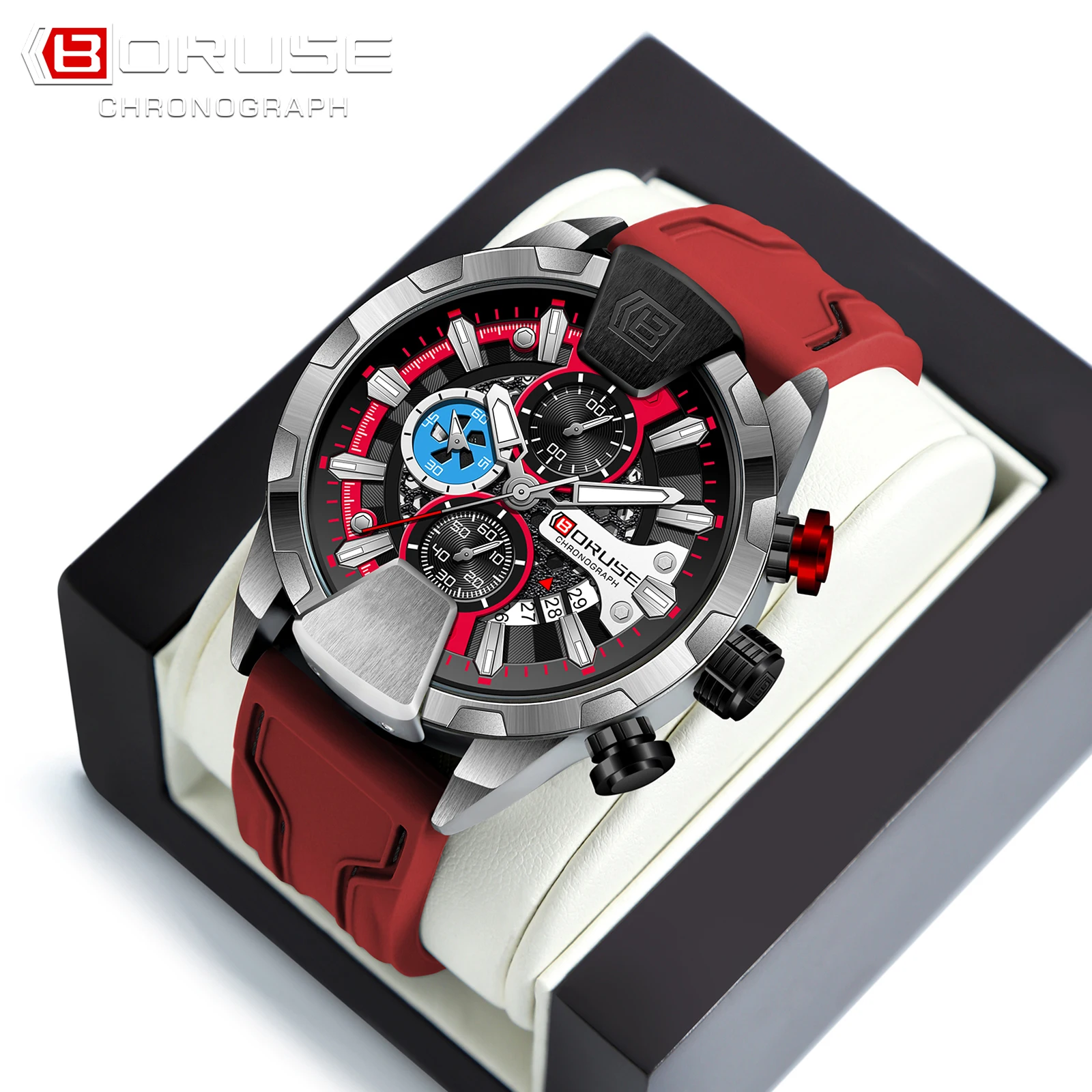 BORUSE Luxury Chronograph Red Watches for Men Silicone Quartz Watch Men Luminous Waterproof Sport Reloj Hombre