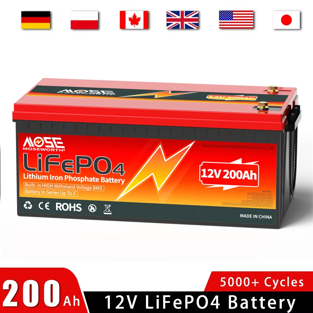 12V 200Ah LiFePO4 Battery Pack Lithium Iron Phosphate Built in BMS Rechargeable Batteries Deep Cycle for Golf Cart Solar