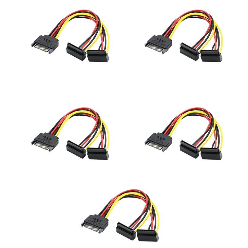 NEW-5Pcs SATA 15 Pin Male To 2 SATA 15 Pin Female Power Cable 90 Degree Elbow Sata Power Cable For HDD Hard Drive,8Inch/20Cm