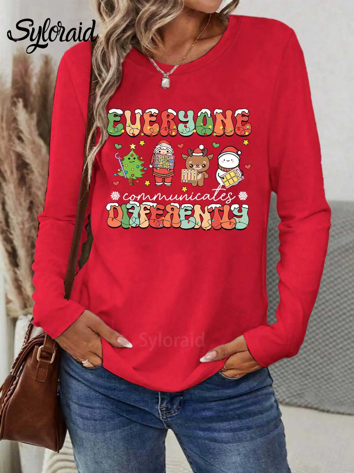 تي شيرت نسائي طويل الأكمام يتواصل الجميع بشكل مختلف تي شيرت SLP قميص عيد الميلاد موضة رقبة مستديرة كاجوال #3