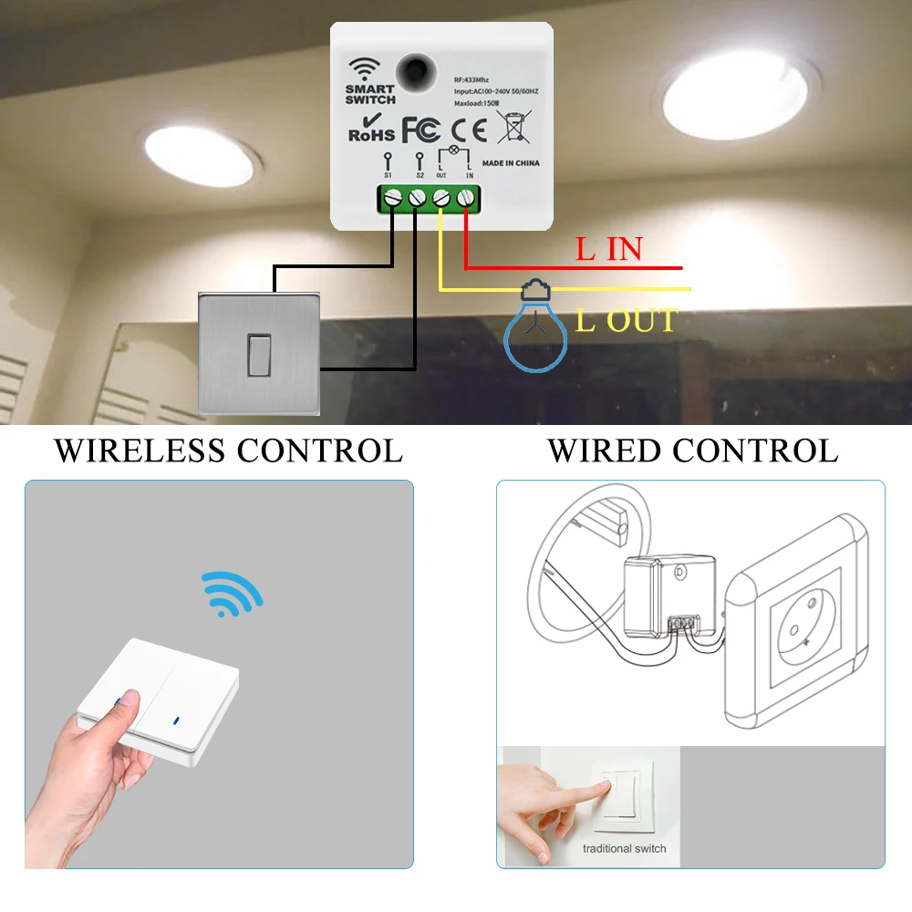 Mini Smart Switch Without Neutral 433MHz Remote Control Light Switch Rf Wireless Wall Switch 220V 130W Relay Module for Lamp Fan