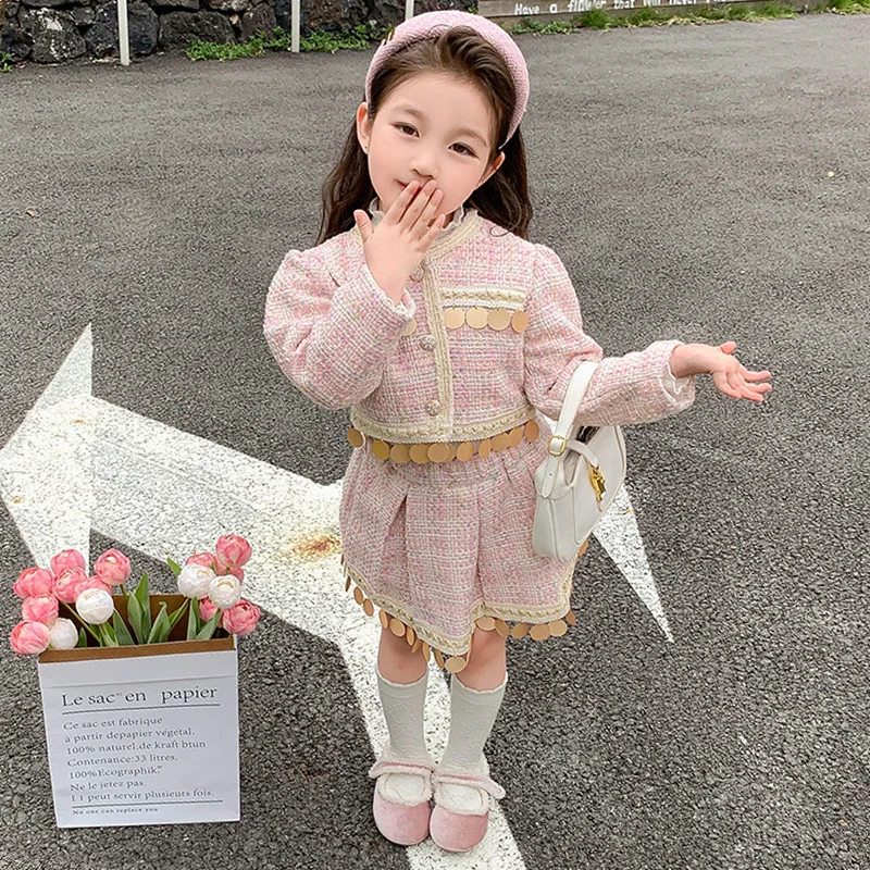 Autumn baby Girls 2Pcs clothes Set Baby Coat+Pleated Skirt Kids Toddler Suit Children Clothes Gunny Sequin Patch outfits 2-7Y