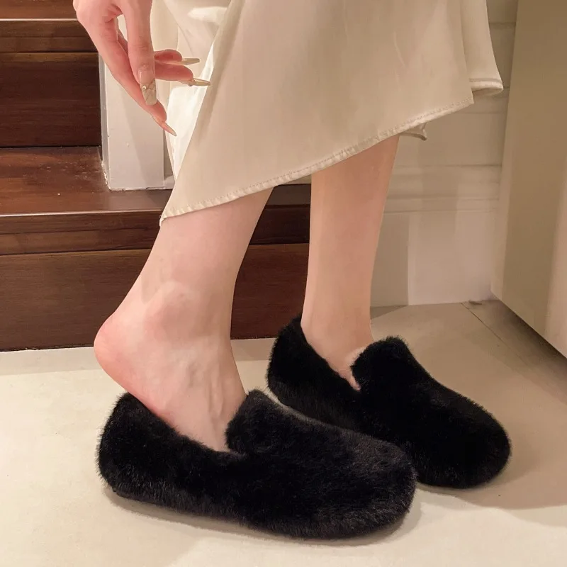 

Fashionable Leopard Print Overlock Fur Women's Shoes 2025 New Autumn and Winter Fleece Anti-slip Flat Shoes for Pregnant Women