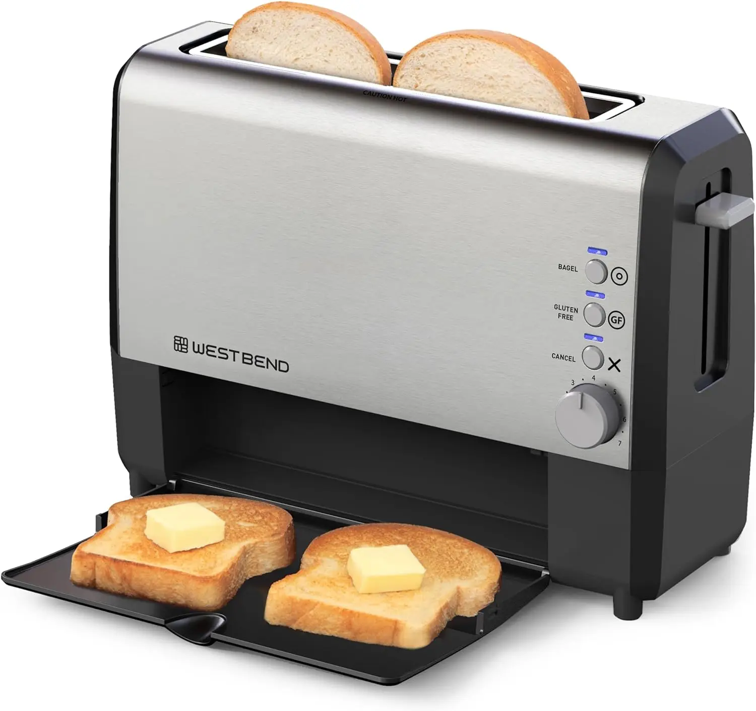 West Bend 77222 Toaster 2 Slice QuikServe Wide Slot Slide Through with Bagel and Gluten-Free Settings and Cool Touch Exterior In