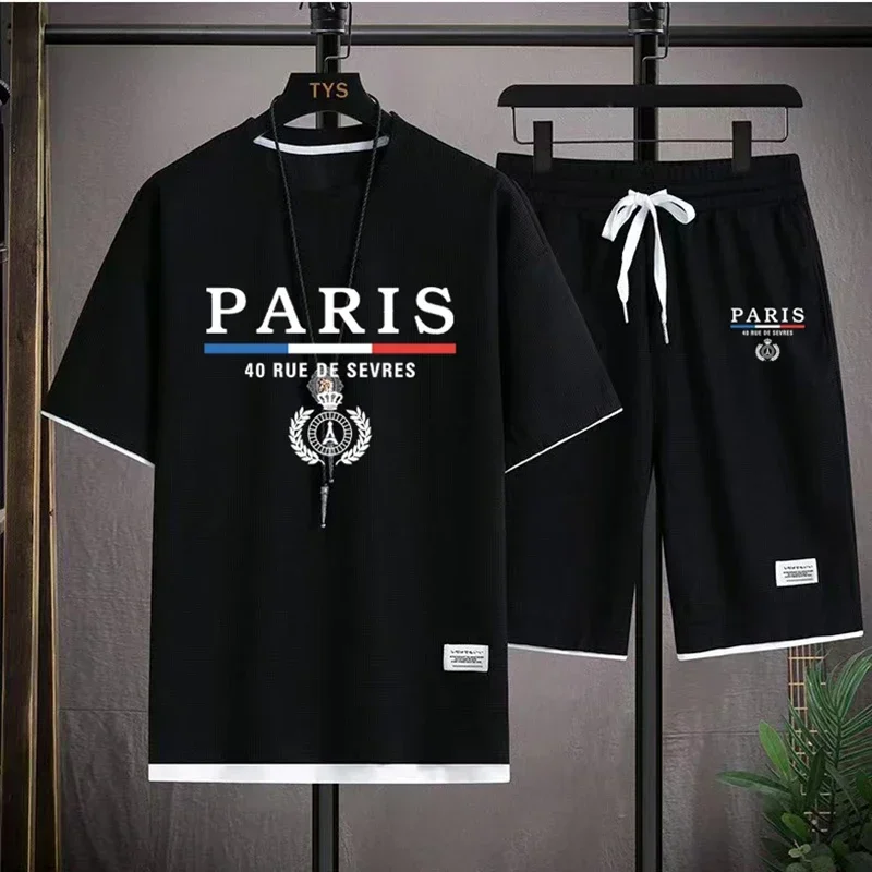 Shorts Set Summer Men's Tracksuit Loose set Men's T-shirt Clothing Men's Waffle set France Paris Casual T-shirt +
