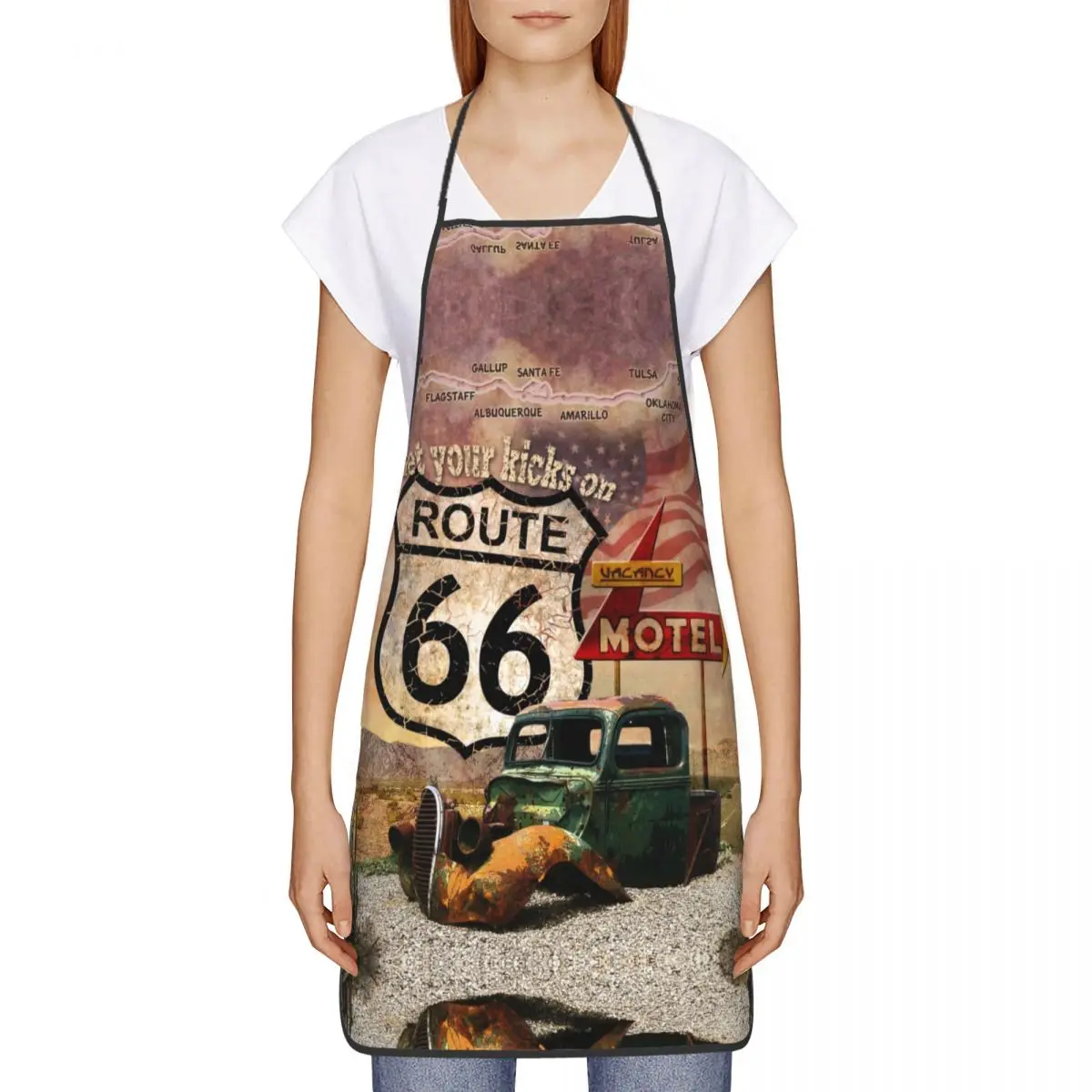 Custom Bib Get Your Kicks On Route 66 Aprons Unisex Adult Chef Kitchen Cooking USA Highways Road Sign Tablier Cuisine Painting