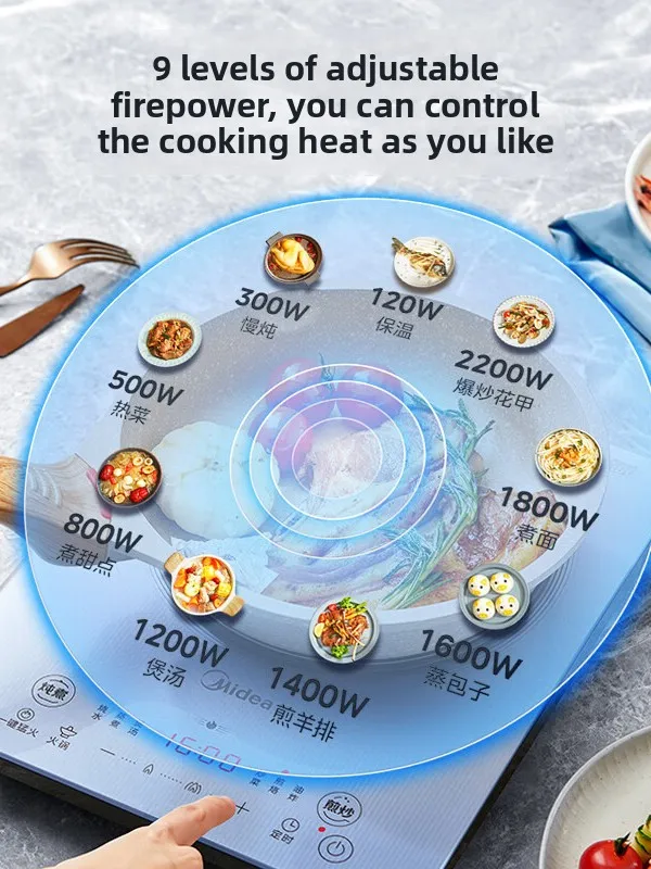Midea induction cooker,home use,touch screen,9 adjustable speeds,can boil water,steam,make soup,timer,stir-fry,and hot pot 220V