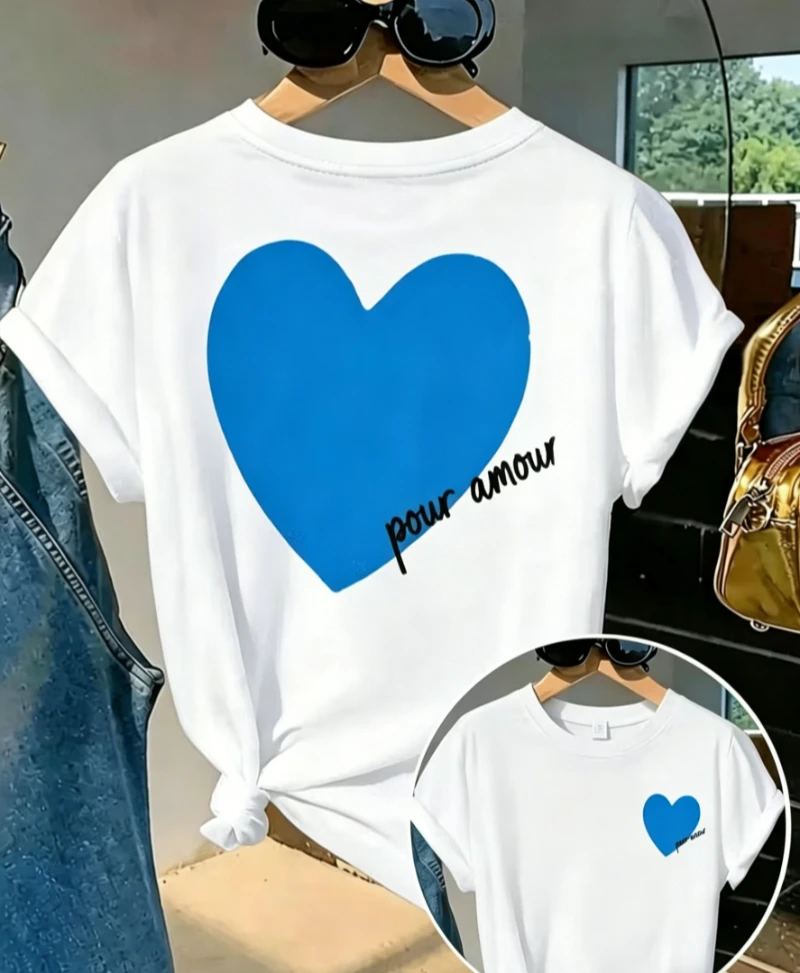 Pour Amour Heart Print T-shirt French Quote & Solid Heart Graphic Short Sleeve Tops Women Spring Summer Daily Casual Tee
