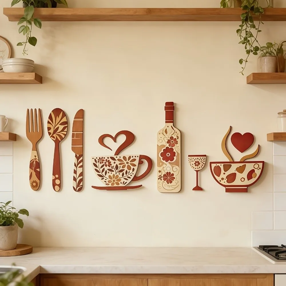 Vintage Wood Floral Kitchen Utensil Pendant Farmhouse Style Coffee Cup Wine Bottle Rustic Wall Sticker Ornaments Hand-painted