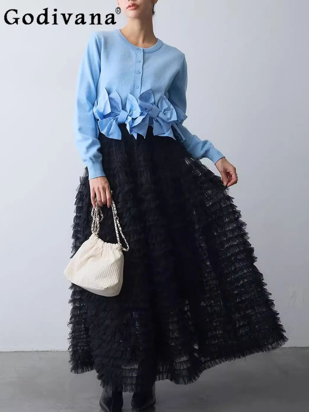 

Весенний вязаный кардиган 2026 в японском стиле с бантом, длинными рукавами, модный дизайн, омолаживающий эффект, универсальная короткая кофта