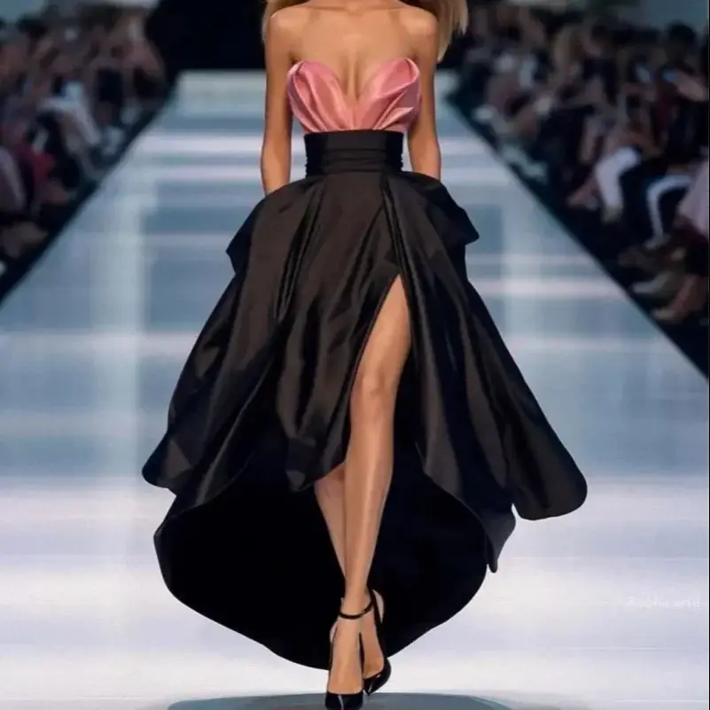 Haut de gamme noir haut bas jupe à volants Satin haute fente femmes longue jupe de bal fermeture éclair taille asymétrique formelle jupe de fête personnalisée