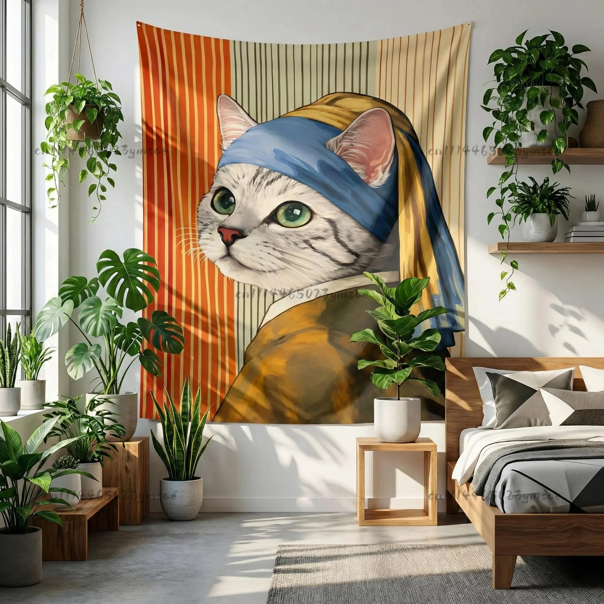 Funny Tapestry Whimsical Cat With a Pearl Earring Fun Tapestries Living Room Sofa Background Cloth Masterpiece Parody Home Decor