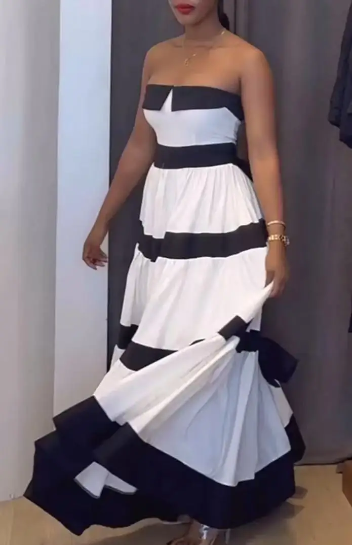 

Spring Summer Splicing Contrast Color Dress Casual Elegant Loose Daily Party Dress Tube Top Sleeveless Loose Waist Dresses