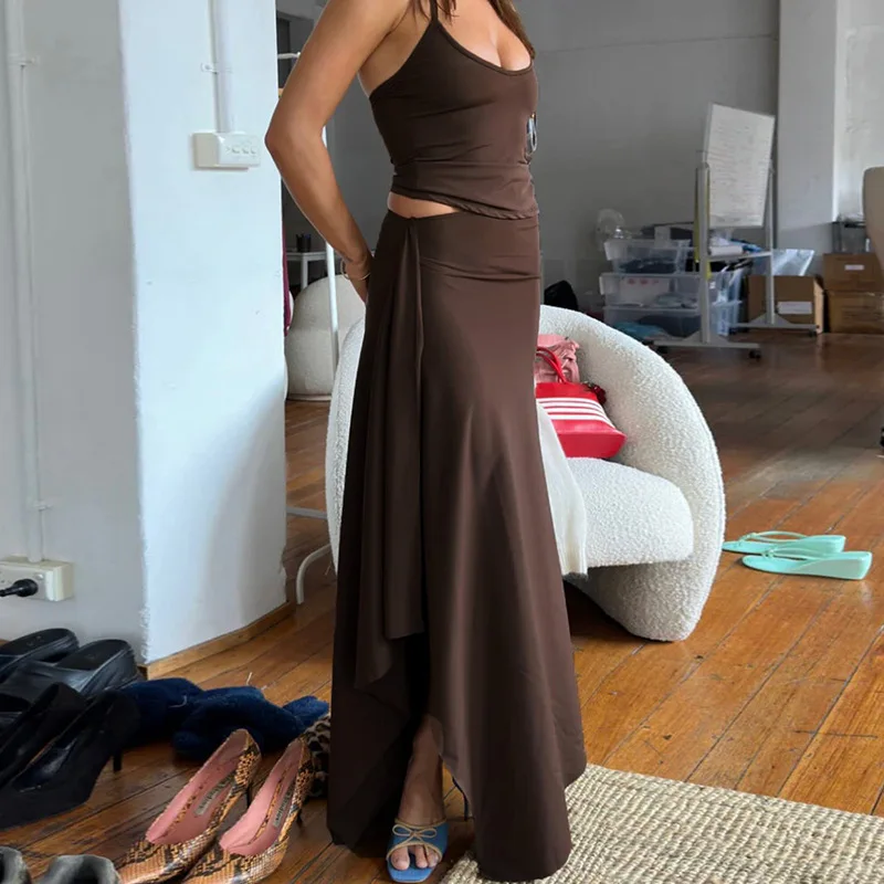 Temperament Classic Solid Color Summer New Pure Color Halter Backless Strap Irregular Slit Dress Suit Women Relaxation home slin