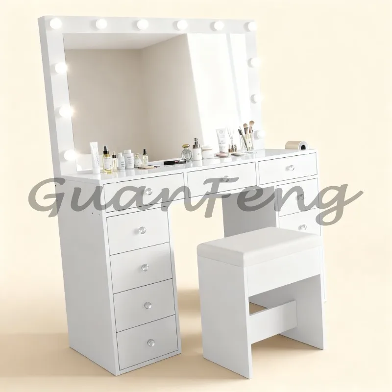 11‑Drawer Makeup Vanity Table Desk, Custom Dressing Vanity with Mirror,12 LED Lights and Power Outlet for Bedroom