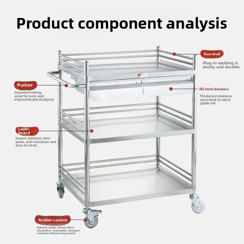 Stainless Steel Medical Trolley Thick Multi Layer Beauty Salon Cart with Wheels for Hospital Use and Treatments Trolley Cart