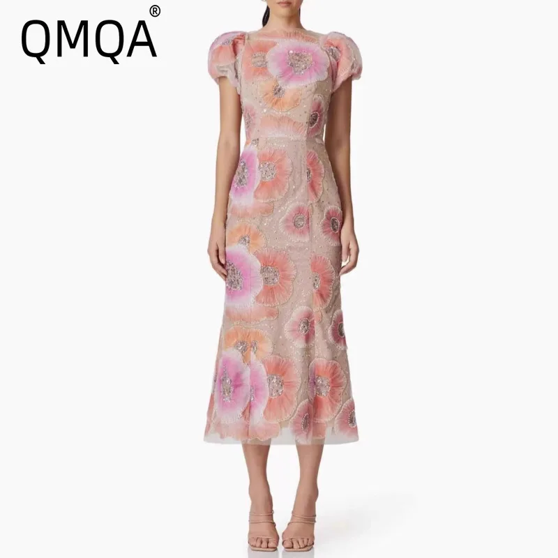 QMQA Fashion Women's Elegant Dress Puff Sleeve Patch Flower Beaded Embroidery Sequin Mid-Length Dresses 2025 Female New QM811