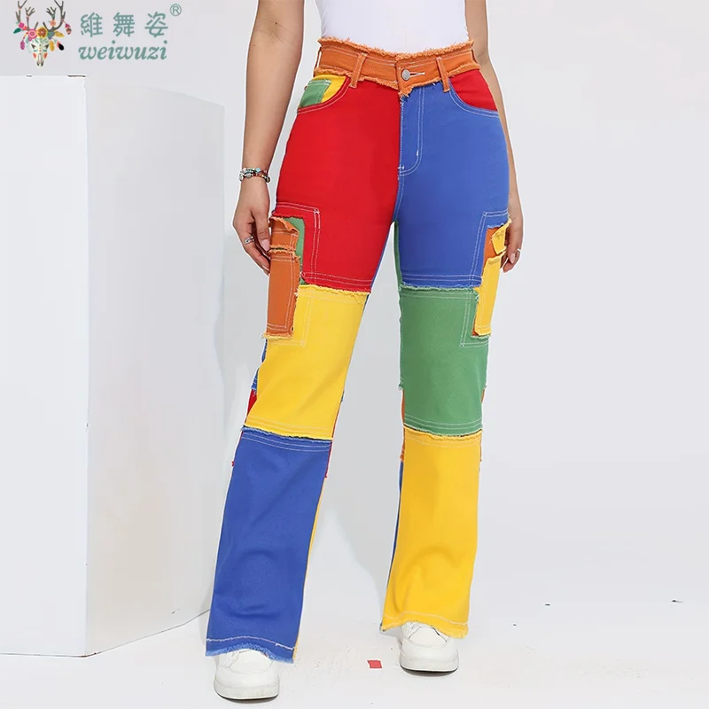 Y2K-pantalones vaqueros coloridos desgastados para mujer, pantalones vaqueros de cintura alta, ropa de calle holgada con bloques de Color, Vaqueros rectos de hip hop frescos energéticos