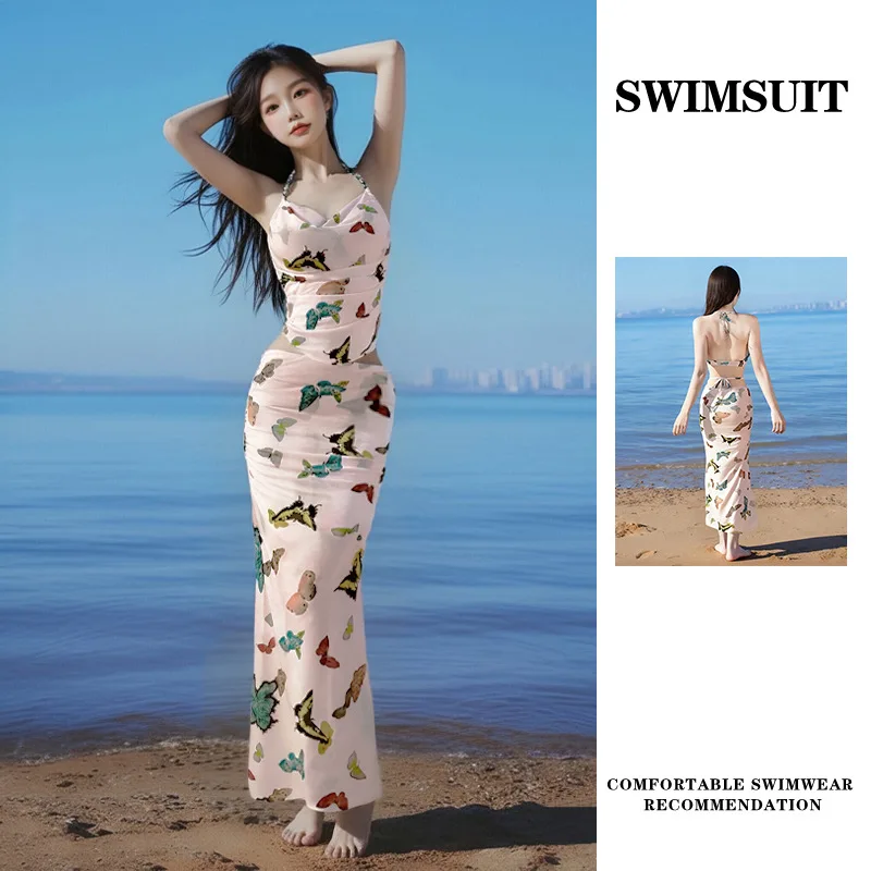 

Новый женский купальник-бикини с принтом бабочек и длинной юбкой, с эффектом пуш-ап и стальными вставками, для пляжного отдыха